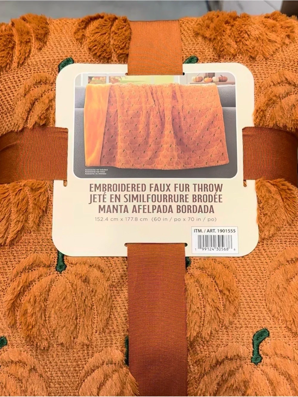Embroidered Faux Fur Throw - Rust Orange